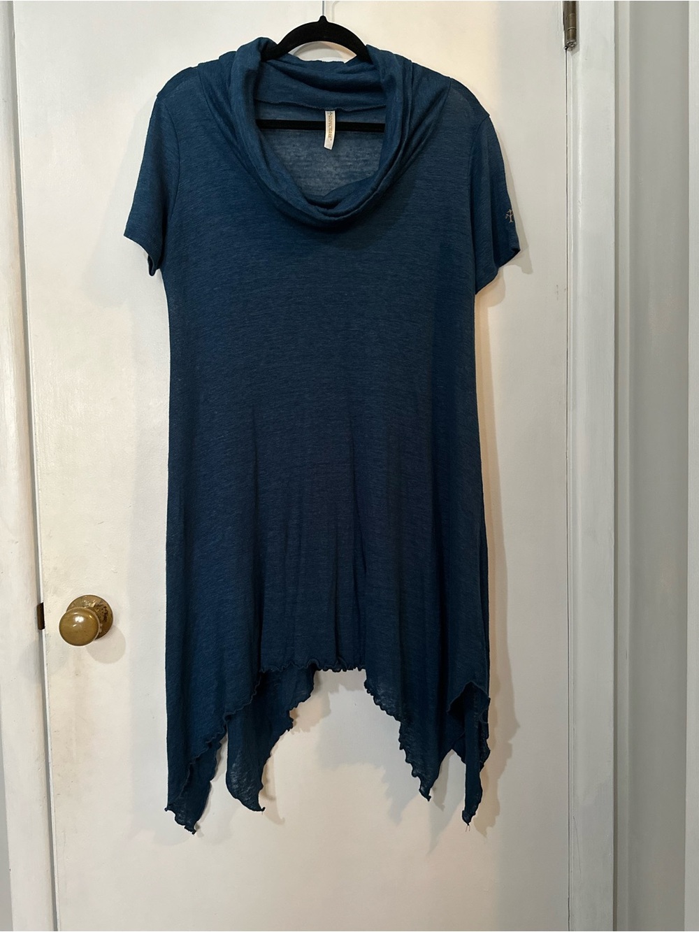 NWOT- RespecTerre 100% Linen Sheer Cowl Neck Asymmetric Hem Tunic Dress